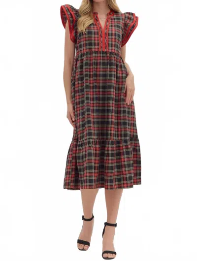 Entro Plaid Flutter Sleeved Midi Dress In Black In Brown