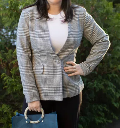 Entro Plaid Print V-neck Long Sleeve Jacket In Grey In Gray