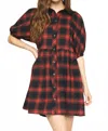 Entro Plaid Puff Sleeve Dress In Red & Black In Animal Print