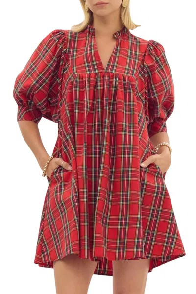 Entro Plaid Puff Sleeve Holiday Dress In Red