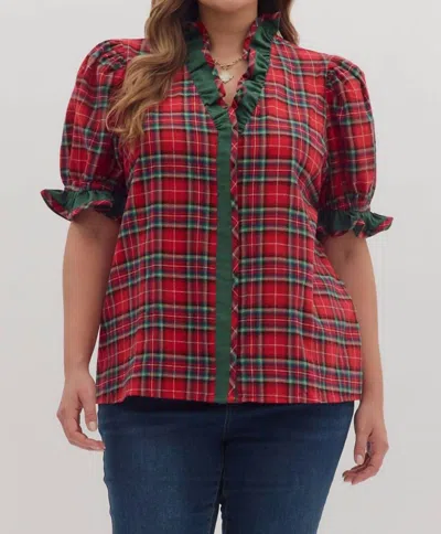 Entro Plaid Puff Sleeve Top - Plus In Red In Multi