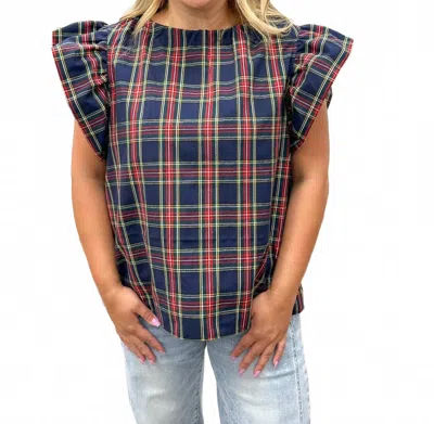 Entro Plaid Ruffle Sleeve Top In Navy In Multi