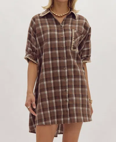 Entro Plaid Short Sleeve Mini Dress In Mocha In Brown