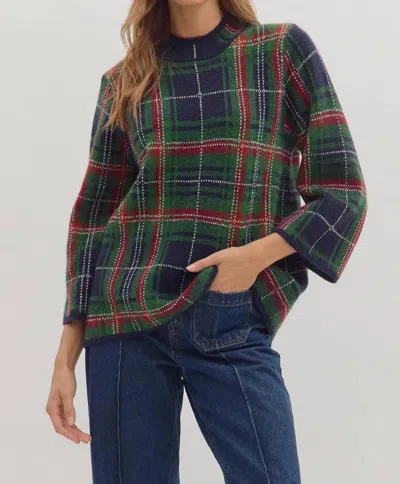 Entro Plaid Tunic Sweater In Navy In Multi