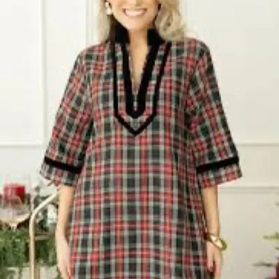 Entro Plaid Tunic Velvet Trim Dress - Plus In Black In Multi
