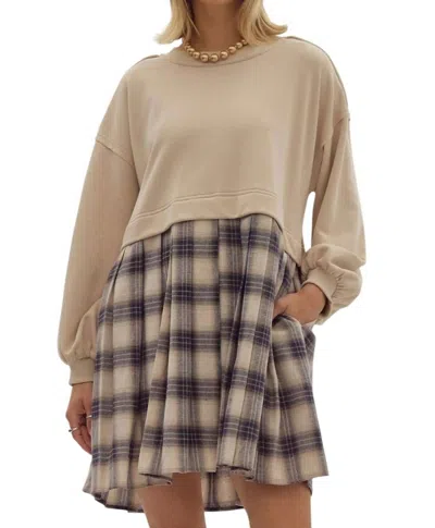 Entro Plaid Twofer Dress In Beige/blue In Multi
