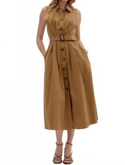 Entro Pleated Belted Midi Dress In Brown