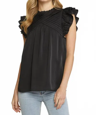 Entro Pleated Ruffle Sleeve Top In Black