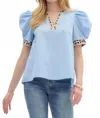 Entro Pleated Short Voluminous Sleeve Pullover Top In Lt. Blue In Blue