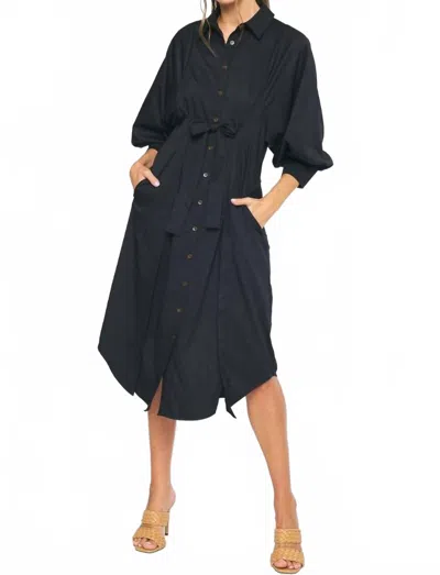 Entro Point Collar Button Down Tie Waist Midi Dress In Black
