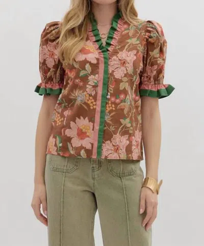 Entro Poppy Ruffle Floral Top In Brown In Multi