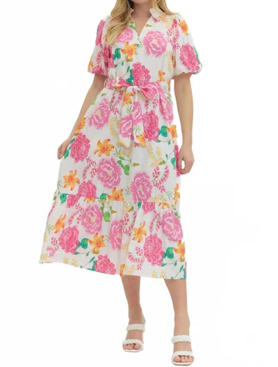 Entro Print Puff Sleeve Midi Dress In Pink Multi
