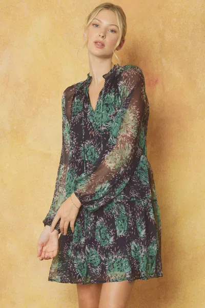 Entro Print V-neck Long Sleeve Tiered Mini Dress In Green