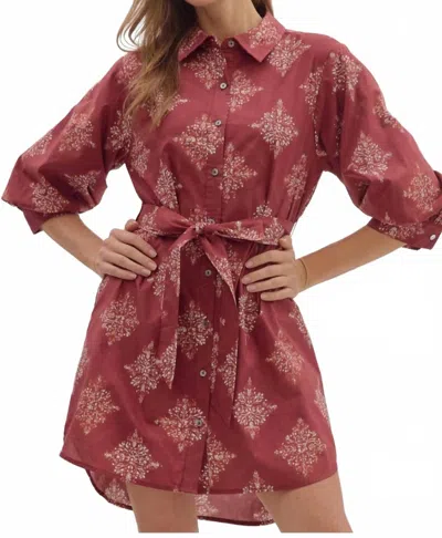 Entro Printed Button-down Mini Dress In Maroon In Multi