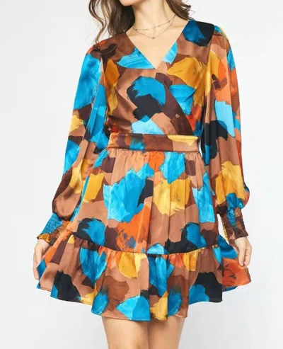 Entro Printed Long Sleeve Mini Dress In Brown/multi