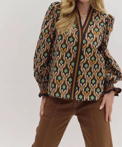 Entro Printed Stand Collar Blouse In Green In Brown