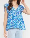 Entro Printed V-neck Ruffle Sleeves Top - Plus In Blue Combo In Multi