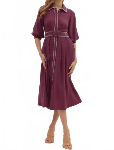 Entro Puff Sleeve Blanket Stitch Det Midi Dress In Plum In Burgundy
