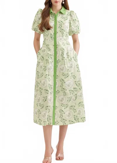Entro Puff Sleeve Cotton Midi Dress In Green