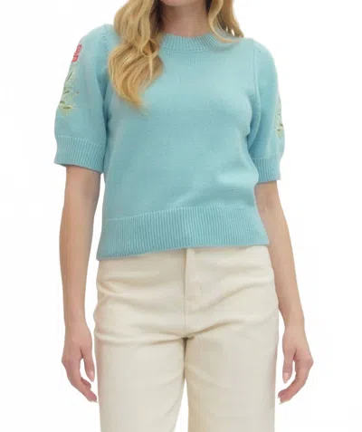 Entro Puff Sleeve Embroidered Knit Top In Seabreeze In Blue