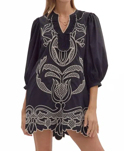 Entro Puff Sleeve Embroidered Scallop Hem Dress In Black