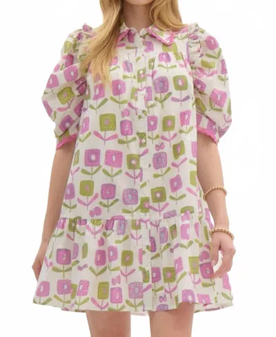 Entro Puff Sleeve Geo Dress In Pink