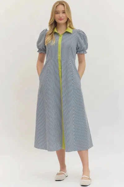 Entro Puff Sleeve Midi Dress With Contrast Trim In Lime Light In Gray