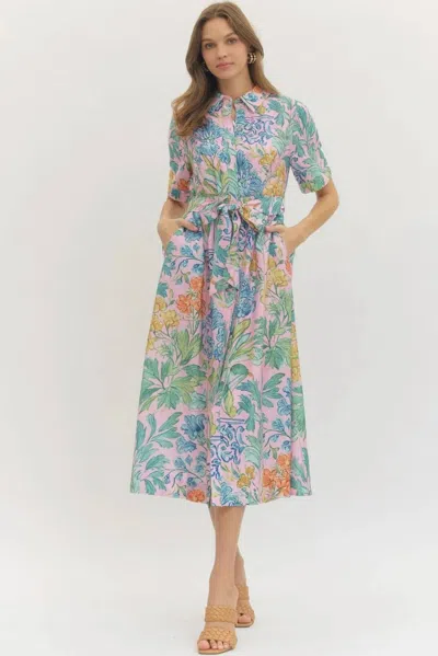 Entro Puff Sleeve Midi Dress With Tie Waist In Pink Floral In Multi
