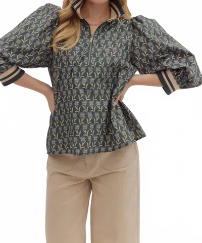 Entro Puff Sleeve Ribbed Collar & Cuff Blouse In Dark Green
