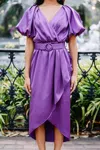Entro Puff Sleeve Satin Dress In Purple In Purple