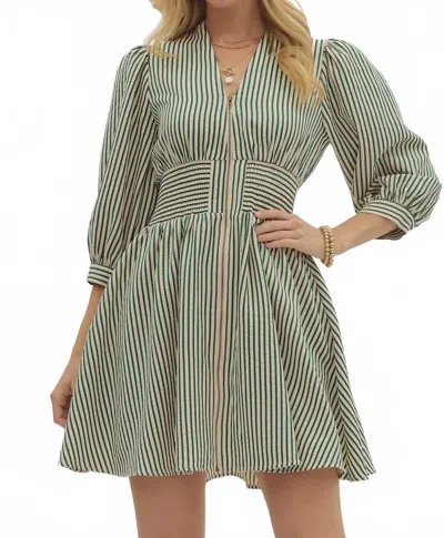 Entro Puff Sleeve Striped Mini Dress In Green/white