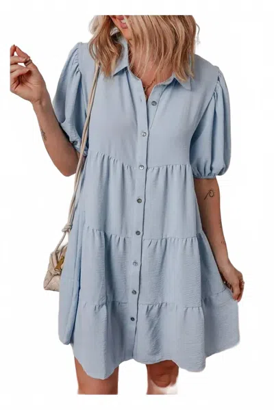 Entro Puff Sleeve Tiered Dress In Pale Blue
