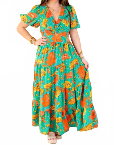 Entro Puff Sleeve Tiered Midi Dress In Green
