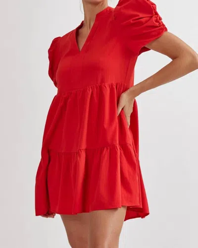 Entro Puff Sleeve Tiered Short Dress In Bright Red In White
