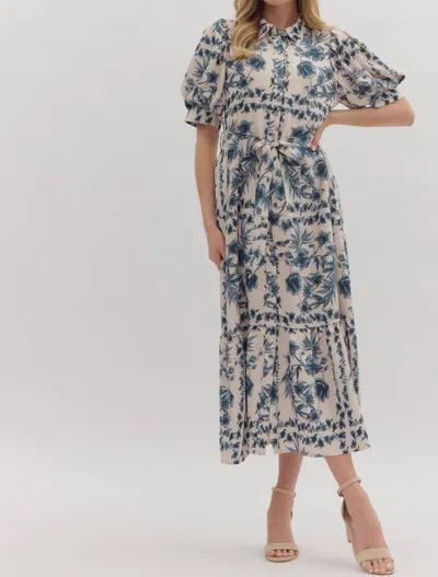 Entro Puff Sleeves & Tie Waist Floral Midi Dress In Ink Blue