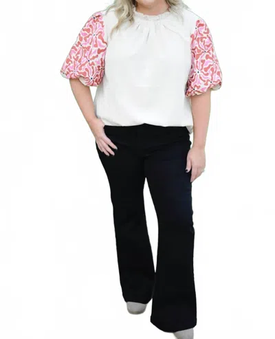 Entro Puffed Sleeve Dreams Blouse In White/ Red In Multi