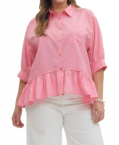 Entro Quarter Sleeve Button Down Ruffle Hem Blouse - Plus In Pink