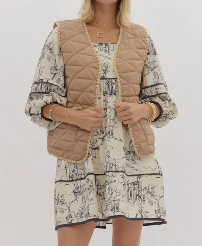 Entro Quilted Button Up Vest In Light Camel In Multi