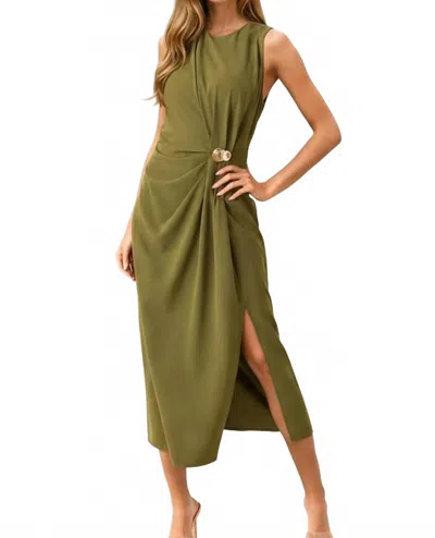 Entro Rachel Side Ruching Midi Dress In Olive In Green