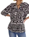 Entro Renee Paisley Print 3/4 Sleeve Tunic In Black In Black