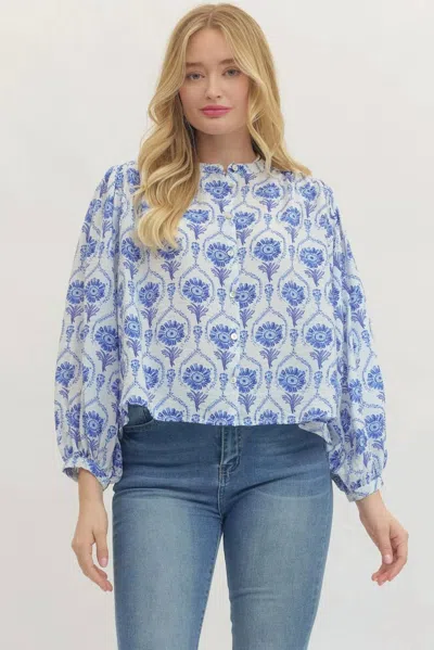 Entro Rhea Puff Sleeve Top In White/blue