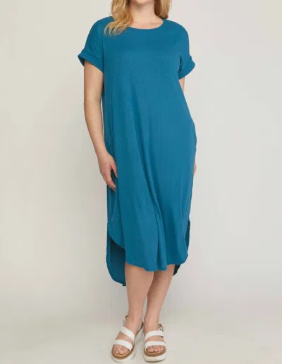Entro Ribbed Pocket Midi Dress In Teal In Blue