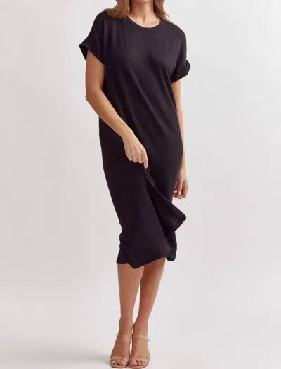 Entro Ribbed Short Sleeve Midi Dress In Black In Multi