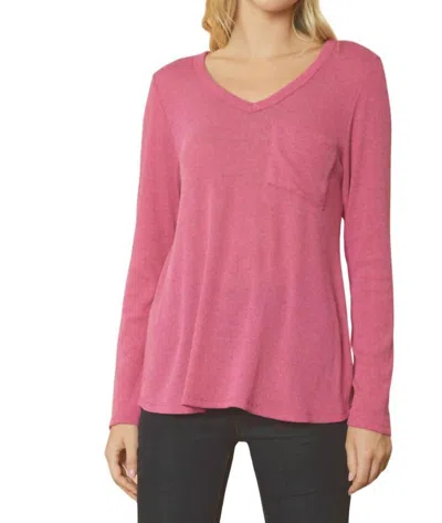 Entro Ribbed V Neck Long Sleeve Top In Magenta In Pink