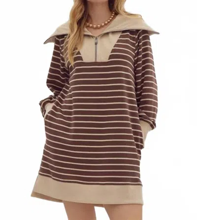Entro Ribbed Zip-up Collared Mini Dress In Brown Stripe In Multi