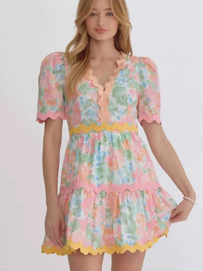 Entro Ric Rac Trim Dress In Floral Pink And Peach In Multi