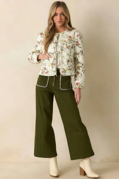 Entro Romance In Bloom Floral Quilted Tie Front Jacket In Ecru Multi
