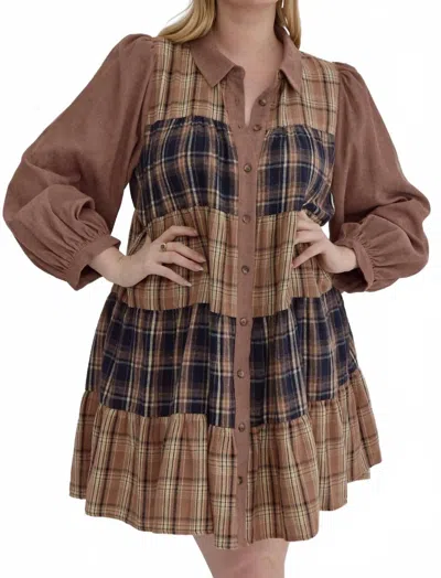 Entro Rosalee Corduroy And Plaid Tiered Dress In Brown
