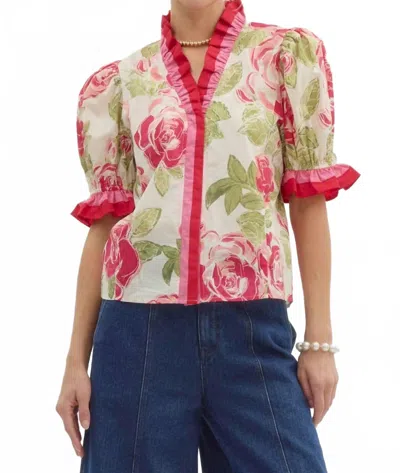 Entro Rose Print Pullover Top In Cream/pink In Multi