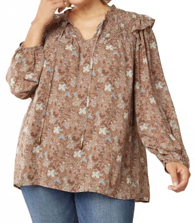 Entro Ruffle & Floral Blouse - Plus In Mocha In Brown